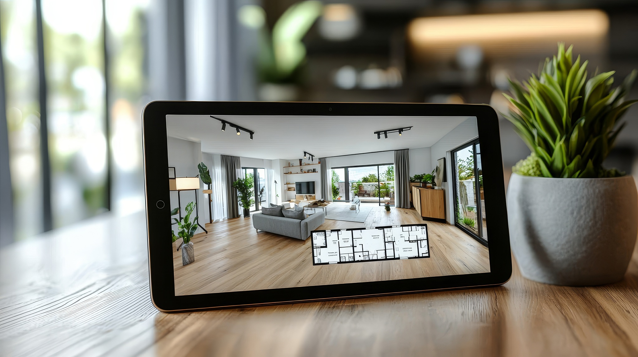 Virtual Tour of Modern Living Room with Floor Plan Displayed on Tablet, Interior Design, Home Decor, 3D Rendering